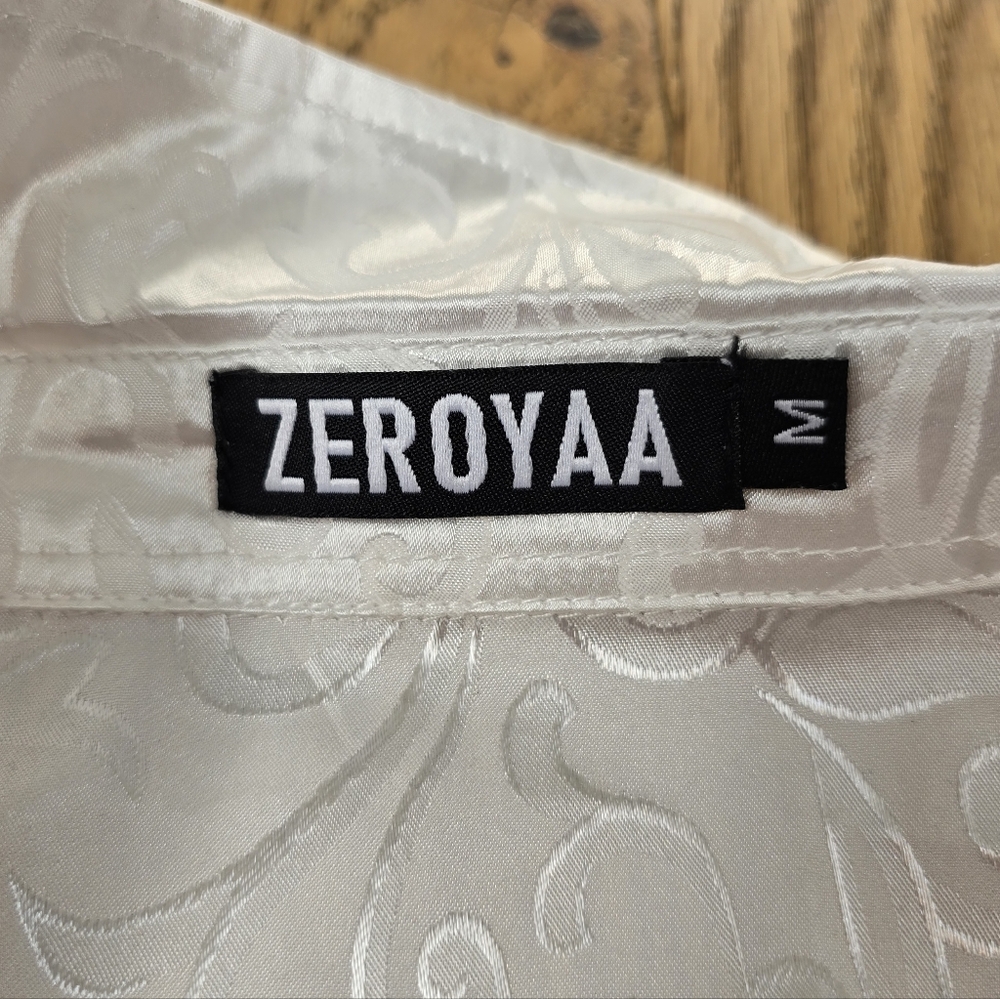 Zeroyaa White Patterned Siky Button Down Blouse O… - image 2
